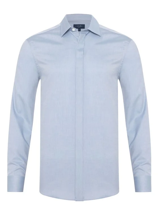 Germirli Blue Hidden Placket Soft Collar Tailor Fit Diagonal Pattern Cotton Shirt - Germirli 