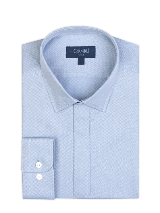 Germirli Blue Hidden Placket Soft Collar Tailor Fit Diagonal Pattern Cotton Shirt - Germirli 