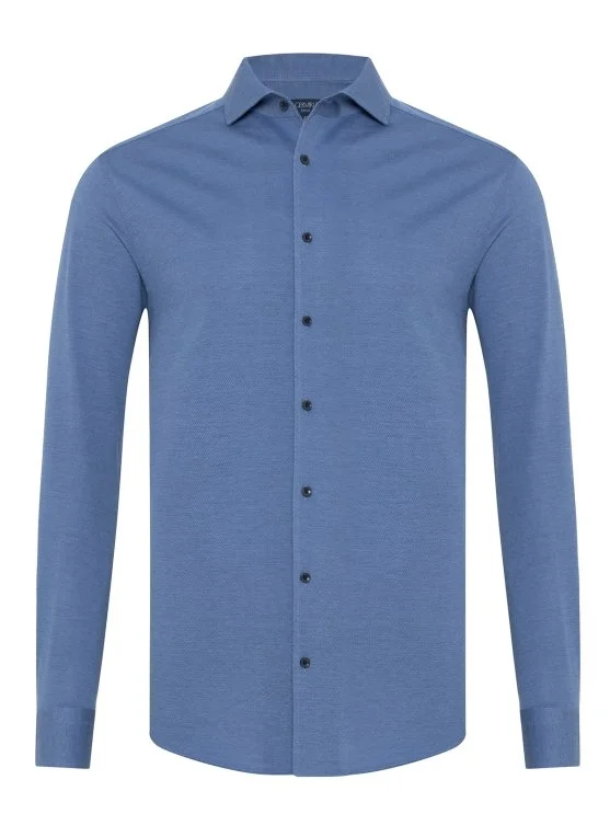 Germirli Blue Knitted Fabric Lapel Collar Tailor Fit Cotton Shirt - Germirli 