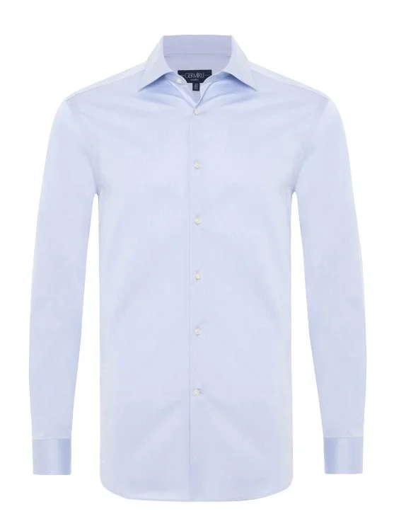 Germirli Blue Plain Tailor Fit Relaxed Fit Satin Textured Cotton Non Iron Shirt - Germirli 