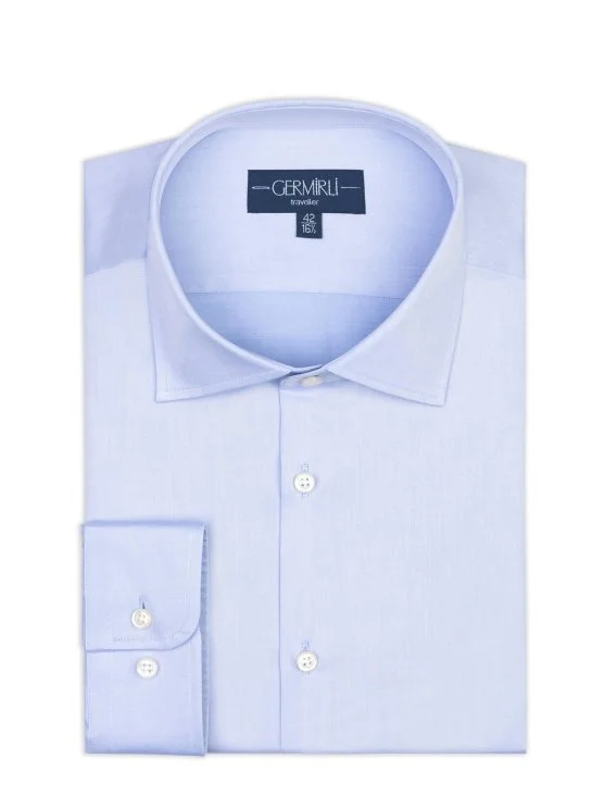 Germirli Blue Plain Tailor Fit Relaxed Fit Satin Textured Cotton Non Iron Shirt - Germirli 