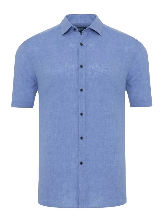 Germirli Blue Soft Collar Tailor Fit Short Sleeve Linen Shirt - Germirli 
