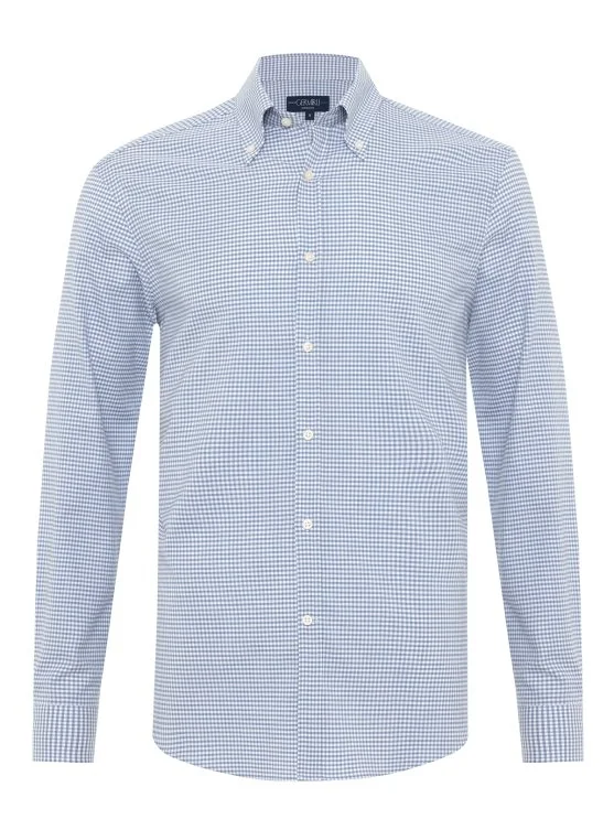 Germirli Blue Square Textured Albini Relax Formula Tailor Fit Pure Cotton Exclusive Shirt - Germirli 