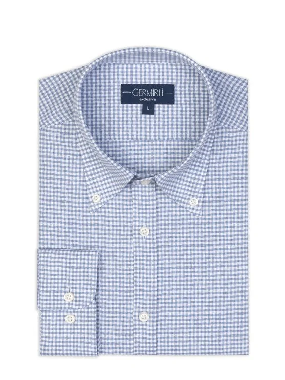 Germirli Blue Square Textured Albini Relax Formula Tailor Fit Pure Cotton Exclusive Shirt - Germirli 