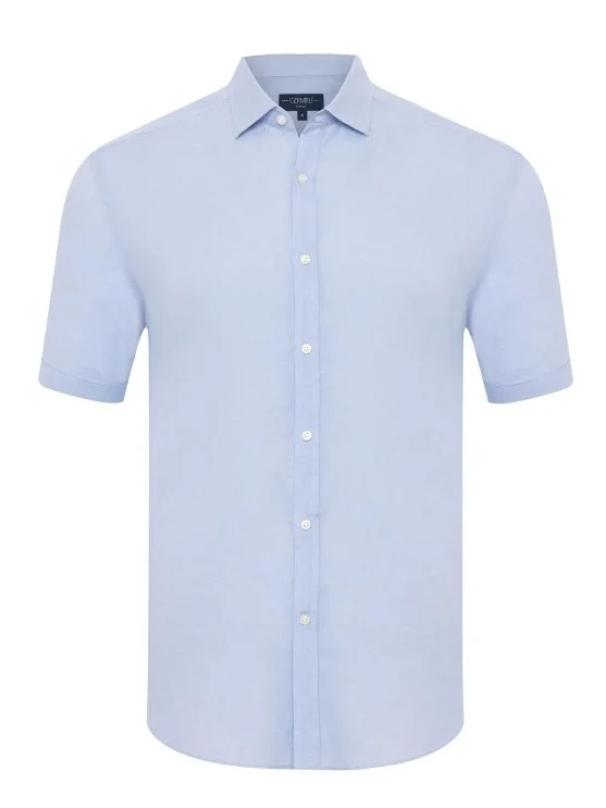 Germirli Blue Tailor Fit Soft Collar Pure Linen Short Sleeve Men's Shirt - Germirli 