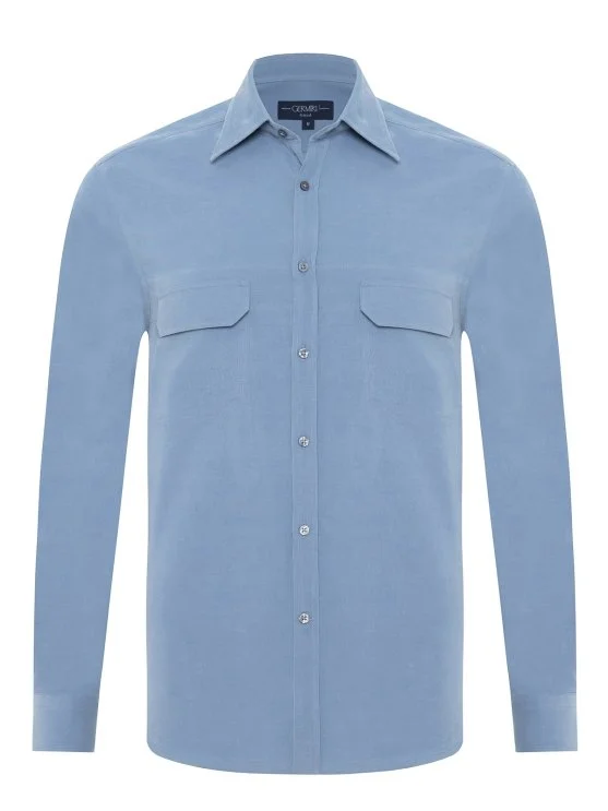 Germirli Blue Thin Velvet Soft Collar Albini Tailor Fit Utility Pure Cotton Shirt - Germirli 