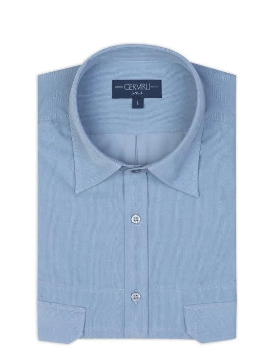 Germirli Blue Thin Velvet Soft Collar Albini Tailor Fit Utility Pure Cotton Shirt - Germirli 