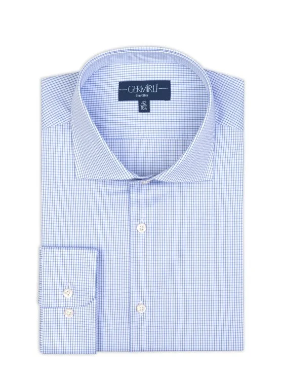 Germirli Blue White Checkered Tailor Fit Journey Twill Non Iron Cotton Italian Collar Shirt - Germirli 