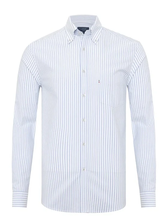 Germirli Blue White Striped Button-Down Collar Pocket Tailor Fit Oxford Sport Shirt - Germirli 