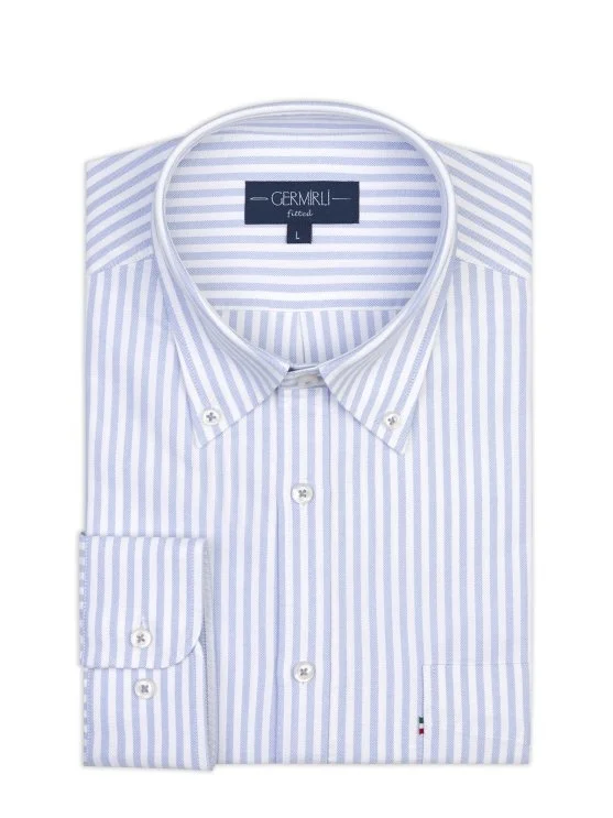 Germirli Blue White Striped Button-Down Collar Pocket Tailor Fit Oxford Sport Shirt - Germirli 