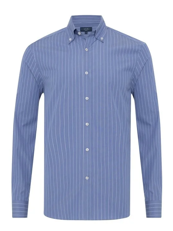 Germirli Blue White Striped Button Down Collar Tailor Fit Cotton Shirt - Germirli 