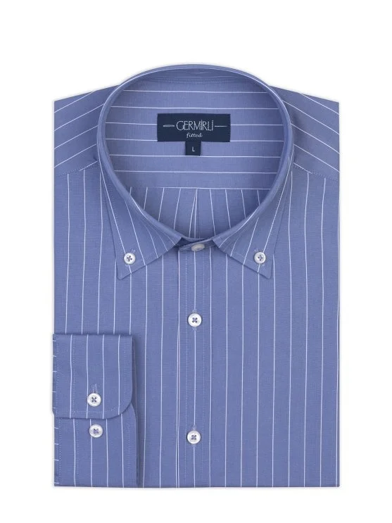 Germirli Blue White Striped Button Down Collar Tailor Fit Cotton Shirt - Germirli 