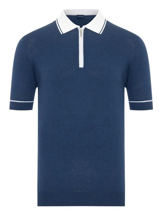 Germirli Blue Zippered Polo Collar Cotton Regular Fit Sweater - Germirli 