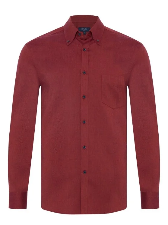 Germirli Burgundy Herringbone Pattern Albini Cotton Lyocell Tencel Tailor Fit Flannel Shirt - Germirli 