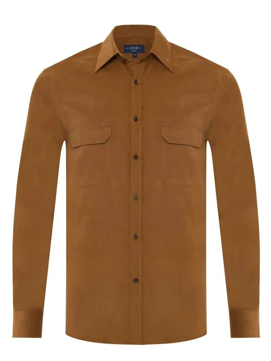 Germirli Camel Color Thin Velvet Soft Collar Tailor Fit Utility Pure Cotton Shirt - Germirli 