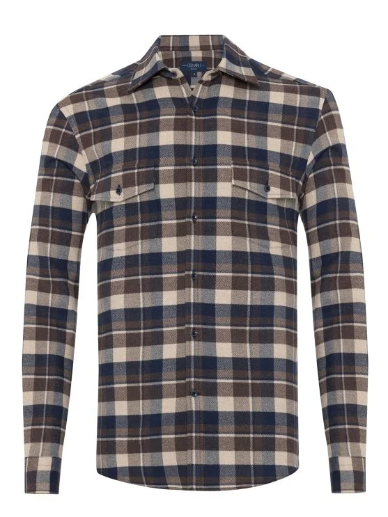 Germirli Coffee Navy Beige Plaid Flannel Tailor Fit Overshirt Lumberjack Shirt - Germirli 