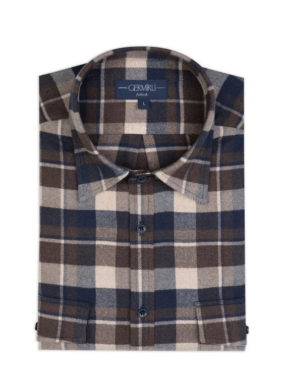 Germirli Coffee Navy Beige Plaid Flannel Tailor Fit Overshirt Lumberjack Shirt - Germirli 