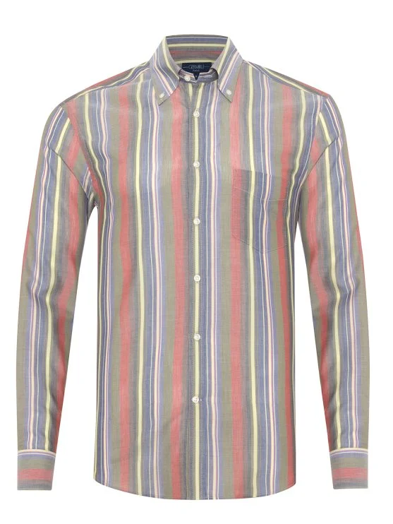 Germirli Colorful Vintage Thick Striped Button-down Collar Pocket Tailor Fit Cotton Shirt - Germirli 