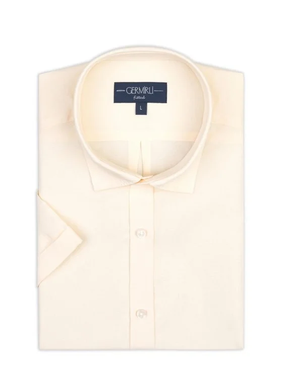 Germirli Cream Color Tailor Fit Soft Collar Lyocell Linen Short Sleeve Men's Shirt - Germirli 