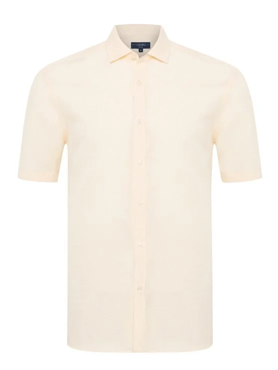 Germirli Cream Color Tailor Fit Soft Collar Lyocell Linen Short Sleeve Men's Shirt - Germirli 