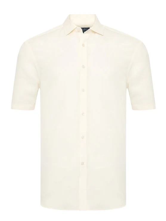 Germirli Cream Color Soft Collar Tailor Fit Short Sleeve Tencel Linen Shirt - Germirli 