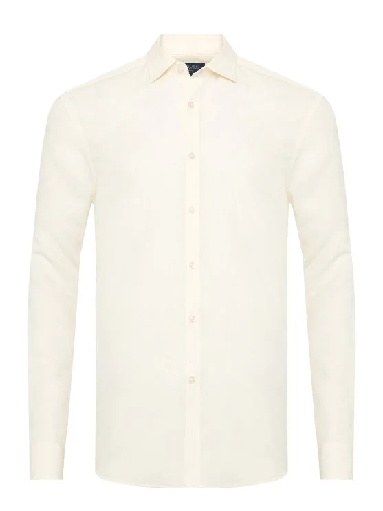 Cream Color Soft Collar Tailor Fit Tencel Linen Shirt with Germirli Hem - Germirli 