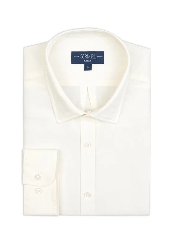Cream Color Soft Collar Tailor Fit Tencel Linen Shirt with Germirli Hem - Germirli 
