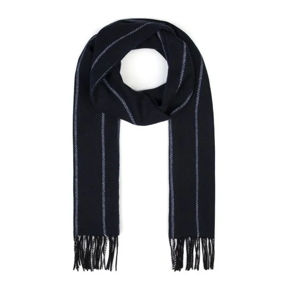 Germirli Wool Scarf with Navy Blue Herringbone and White Stripes - Germirli 