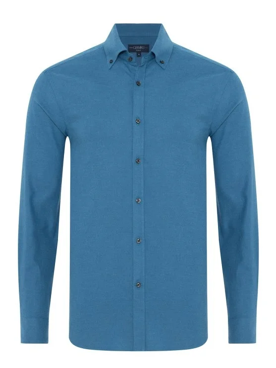 Germirli Dark Blue Plain Tailor Fit Relaxed Fit Button-down Collar Albini Flannel Shirt - Germirli 