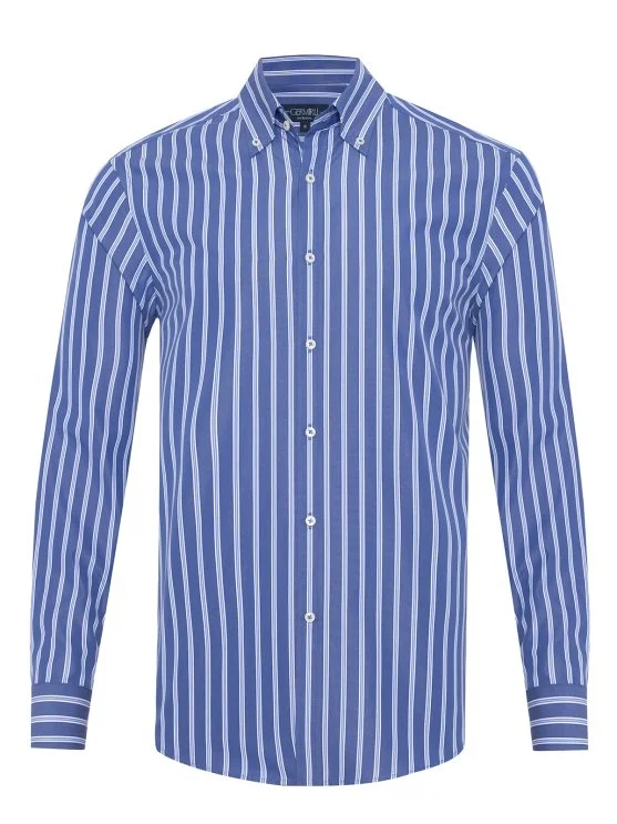 Germirli Dark Blue Striped Button-Down Collar Exclusive Tailor Fit Cotton Shirt - Germirli 