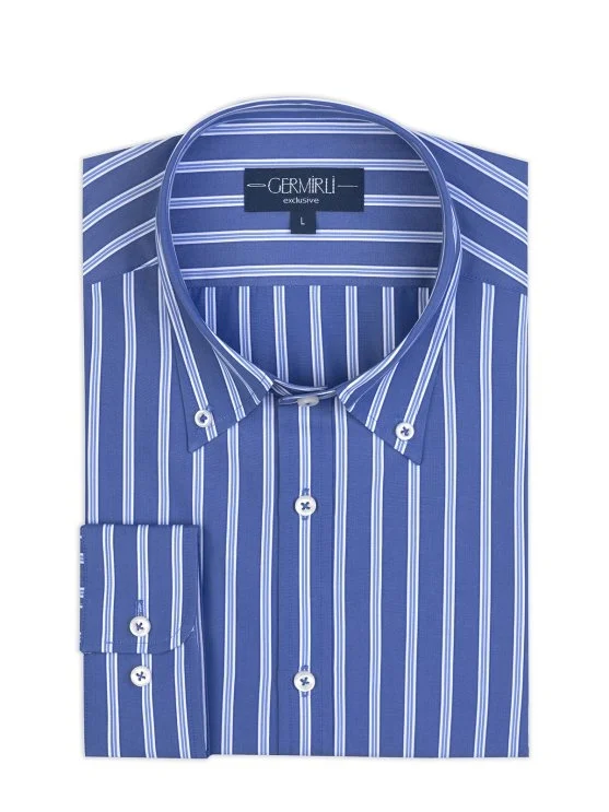Germirli Dark Blue Striped Button-Down Collar Exclusive Tailor Fit Cotton Shirt - Germirli 