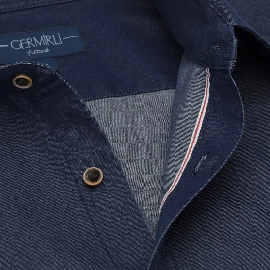 Germirli Dark Navy Double Pocket Flap Soft Collar Tailor Fit Selvedge Denim Shirt - Germirli 