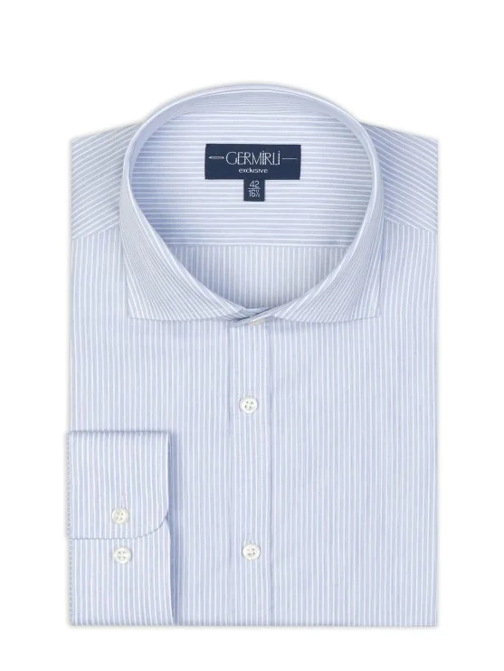 Germirli Exclusive Italian Collar Blue Striped Albini Tailor Fit Tencel Shirt - Germirli 