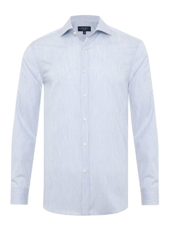 Germirli Exclusive Italian Collar Blue Striped Albini Tailor Fit Tencel Shirt - Germirli 
