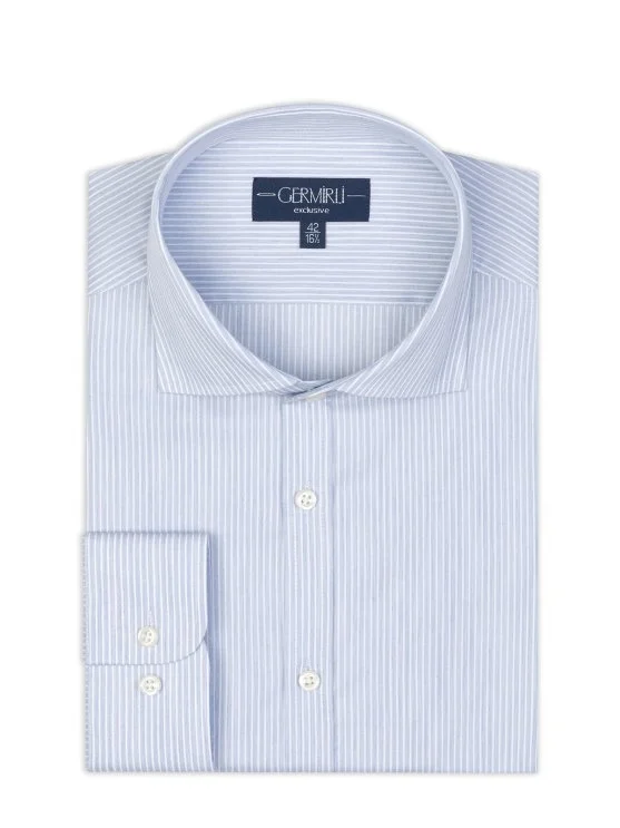 Germirli Exclusive Italian Collar Blue Striped Albini Tailor Fit Tencel Shirt - Germirli 