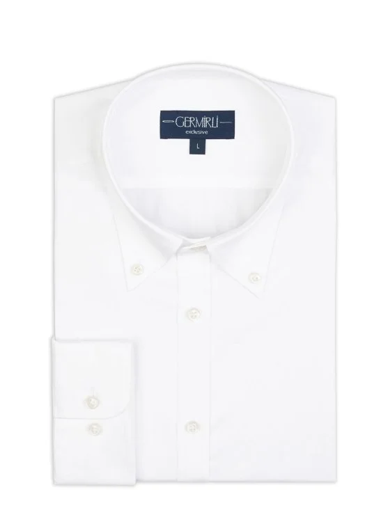 Germirli Exclusive White Satin Textured Tailor Fit Button-down Collar Cotton Shirt - Germirli 