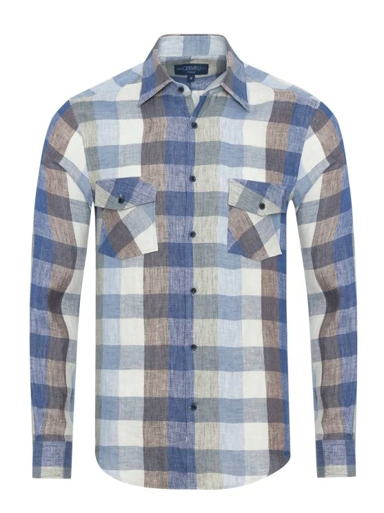 Germirli Flap Pocket Soft Collar Blue Beige Green Plaid Linen Tailor Fit Overshirt Shirt - Germirli 