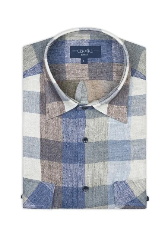 Germirli Flap Pocket Soft Collar Blue Beige Green Plaid Linen Tailor Fit Overshirt Shirt - Germirli 