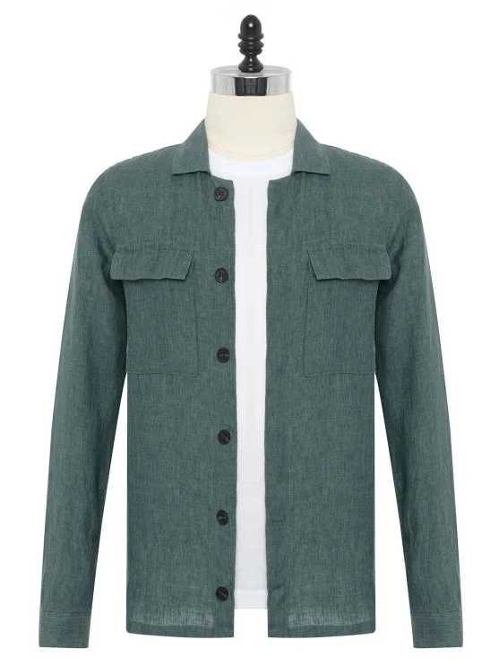 Green Hidden Button Delave Linen Tailor Fit Jacket Shirt with Germirli - Germirli 