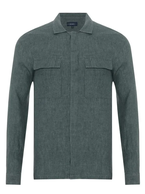 Green Hidden Button Delave Linen Tailor Fit Jacket Shirt with Germirli - Germirli 