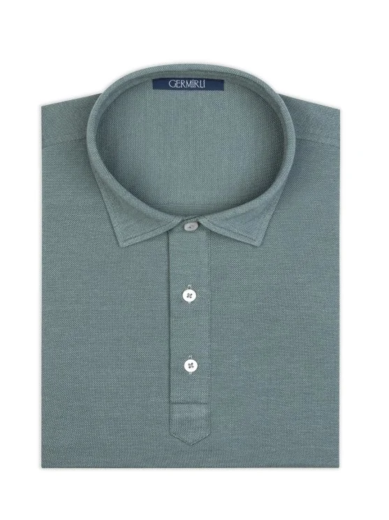 Green Piquet Shirt Collar Regular Fit Mercerized Cotton Tencel T-Shirt with Germirli - Germirli 