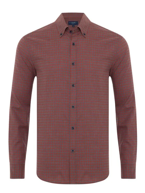 Germirli Gray Red Button-down Collar Albini Tailor Fit Relaxed Fit Checkered Thin Flannel Shirt - Germirli 