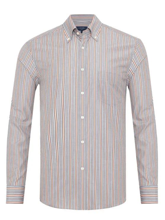Germirli Grey Salmon Striped Button-Down Collar Pocket Tailor Fit Cotton Shirt - Germirli 