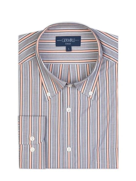 Germirli Grey Salmon Striped Button-Down Collar Pocket Tailor Fit Cotton Shirt - Germirli 