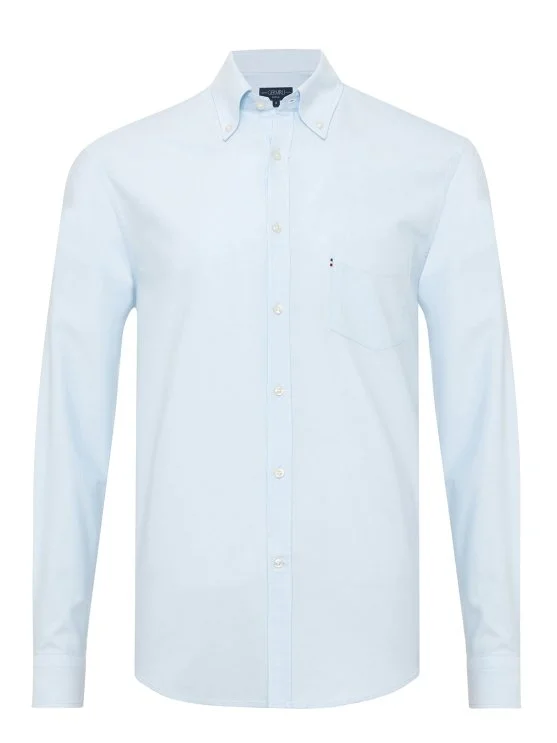 Ice Blue Button Down Collar Pocket Tailor Fit Oxford Sport Shirt with Germirli - Germirli 