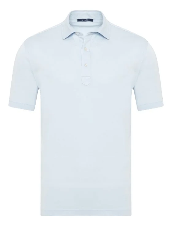Germirli Ice Blue Piquet Shirt Collar Regular Fit Mercerized Cotton Tencel T-Shirt - Germirli 
