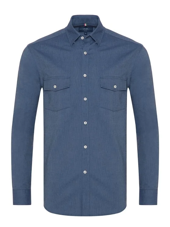 Germirli Indigo Blue Hidden Button Collar Flap Pocket Tailor Fit Sport Oxford Men's Shirt - Germirli 