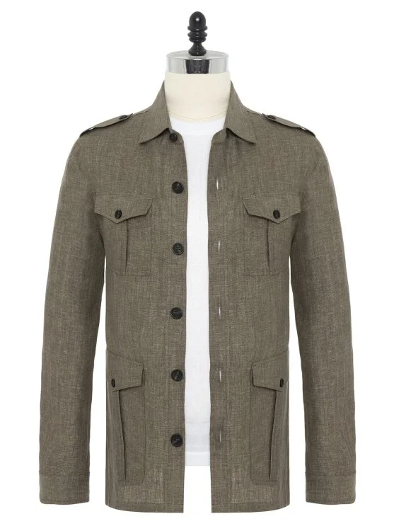 Germirli Khaki Herringbone Texture Tailor Fit Delave Linen Safari Jacket Shirt - Germirli 