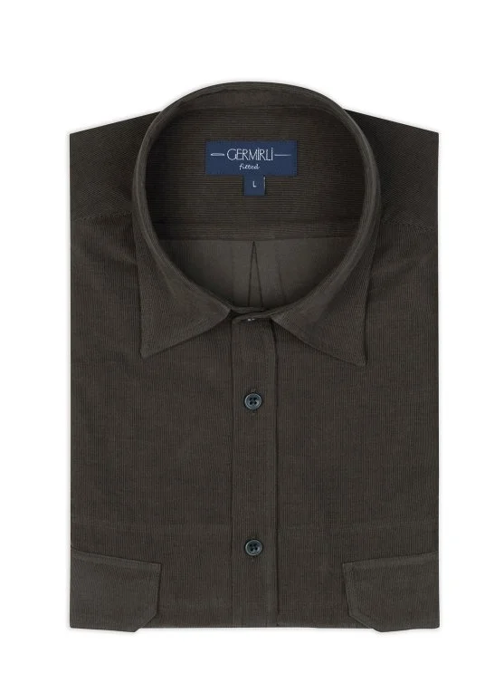 Germirli Khaki Thin Velvet Soft Collar Albini Tailor Fit Utility Pure Cotton Shirt - Germirli 