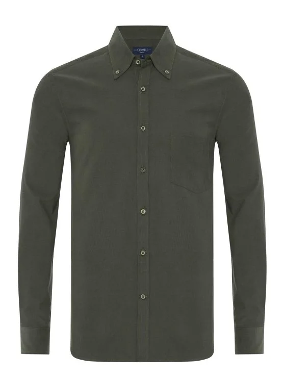 Germirli Khaki Green Ribbed Plain Tailor Fit Relaxed Fit Button-down Collar Albini Thin Velvet Shirt - Germirli 